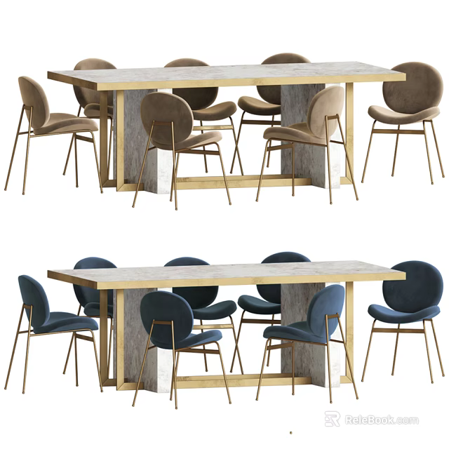 Modern Dining Table and Chairs Set With Blue Upholstered Chairs Wooden Tabletop Metal Legs 3d model 
