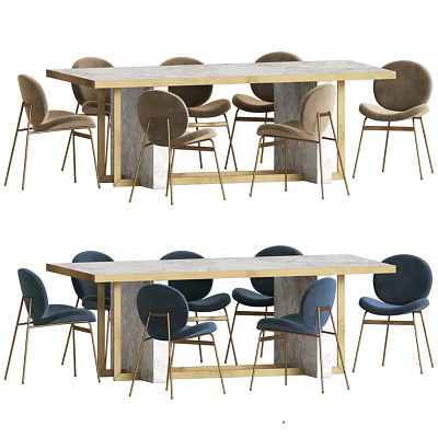 Modern Dining Table and Chairs Set With Blue Upholstered Chairs Wooden Tabletop Metal Legs 3d model