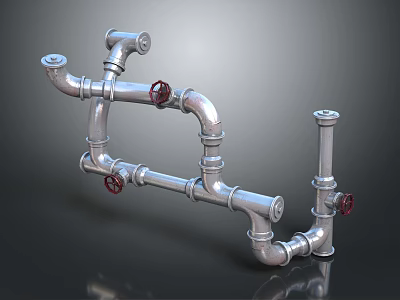 Industrial Metal Pipes With Red Valves And Elbow Connections On Dark Surface 3d model