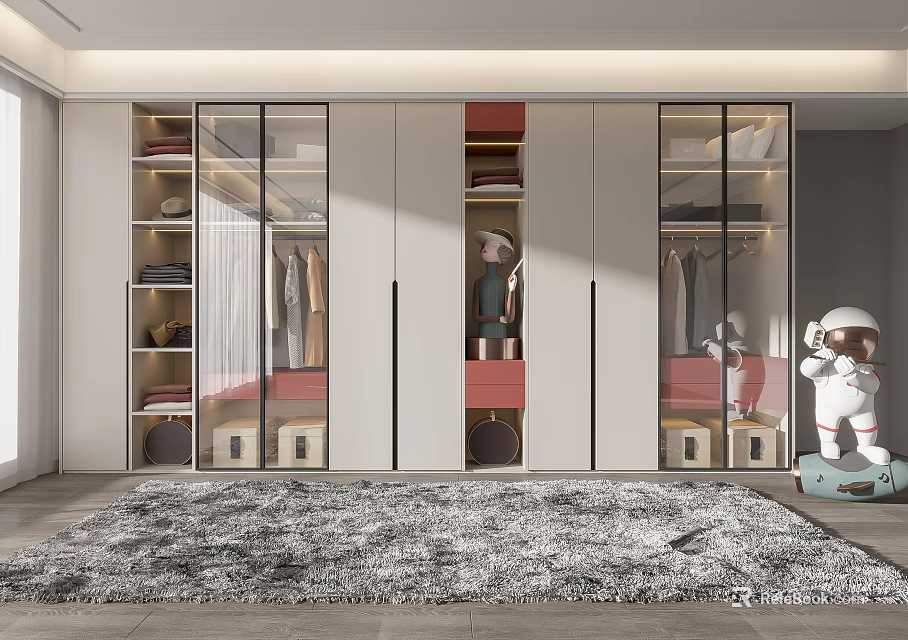 Modern Wardrobe Interior Design With Glass Doors Hanging Clothes Drawers And Shelves 3d model 