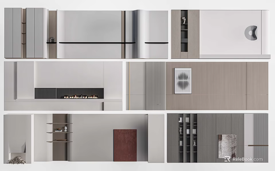 Modern Sofa Background Wall Design With Cabinets And Art Pieces 3d model