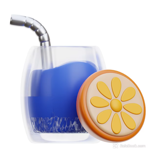 Blue Beverage in Transparent Glass with Silver Straw and Orange Flower Pattern Lid 3d model 