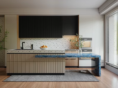 Modern Kitchen Interior With Black Striped Upper And Light Lower Cabinets And Blue White Countertop 3d model