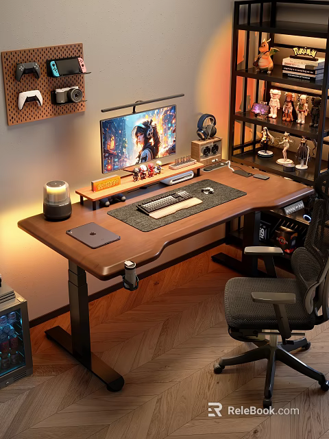 Modern Home Office With Standing Desk Computer Monitor Desk Lamp And Figurines 3d model 