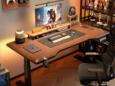Modern Home Office With Standing Desk Computer Monitor Desk Lamp And Figurines 3d model