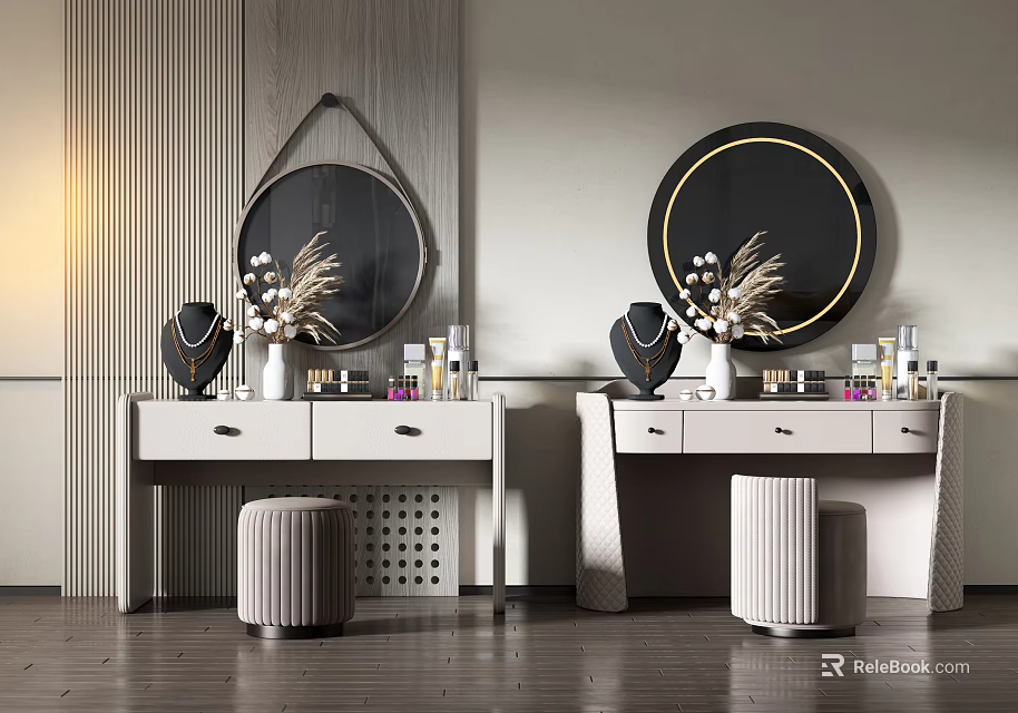 Stylish Modern Dressing Table Interior with Round Mirror Gold Trim Vase Cosmetics and Stool 3d model