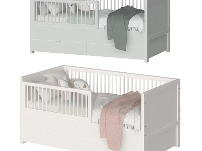 Modern White Baby Crib With Storage Drawer Soft Blanket And Stuffed Toy 3d model