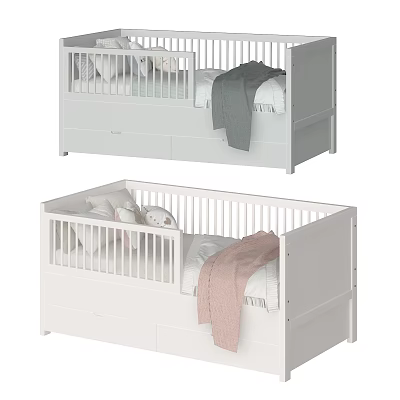 Modern White Baby Crib With Storage Drawer Soft Blanket And Stuffed Toy 3d model
