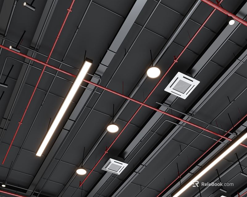 Modern Ceiling Design With Black Panels Red Pipes Linear And Round Lights Square Vents 3d model 