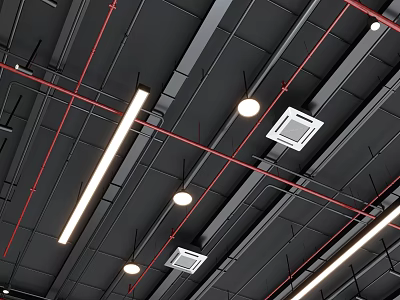 Modern Ceiling Design With Black Panels Red Pipes Linear And Round Lights Square Vents 3d model