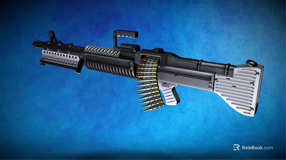 Black Metal Machine Gun Weapon With Ammunition Belt On Blue Background Design Features 3d model 