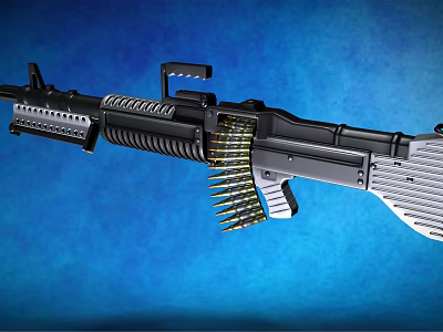 Black Metal Machine Gun Weapon With Ammunition Belt On Blue Background Design Features 3d model