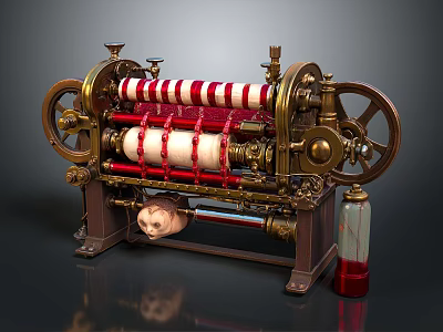 Vintage Mechanical Machine With Red And White Striped Rollers Brass Components And Glass Bottle 3d model