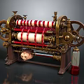 Vintage Mechanical Machine With Red And White Striped Rollers Brass Components And Glass Bottle