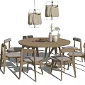 Modern Round Dining Table Set with Six Chairs Pendant Lights and Decorative Vase 3d model