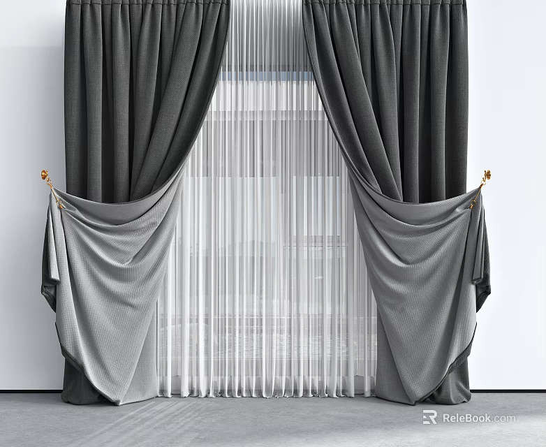 Dark Gray Curtains with White Sheer Pleated Draped Modern Design 3d model 