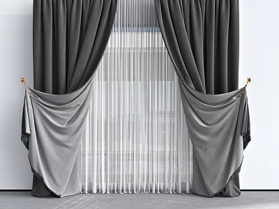 Dark Gray Curtains with White Sheer Pleated Draped Modern Design 3d model