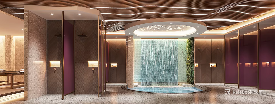 Luxurious SPA Sauna Interior With Waterfall Pool And Ambient Lighting 3d model