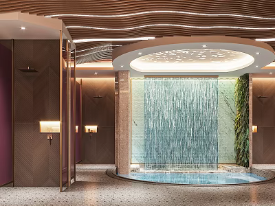 Luxurious SPA Sauna Interior With Waterfall Pool And Ambient Lighting 3d model