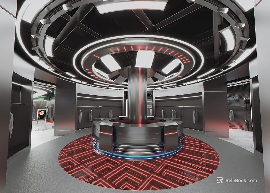 Modern Clothing Store Interior With Circular Display Platform Red Carpet And Black Ceiling Lighting 3d model