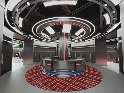 Modern Clothing Store Interior With Circular Display Platform Red Carpet And Black Ceiling Lighting 3d model