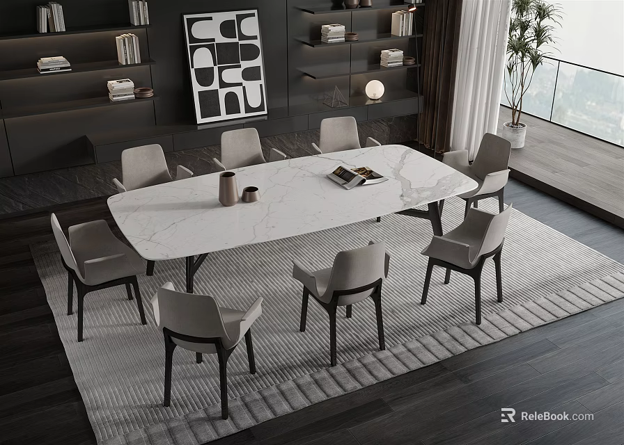 Modern Dining Table Set with 8 Chairs Rectangular White Tabletop Area Rug and Built-in Bookshelves 3d model 