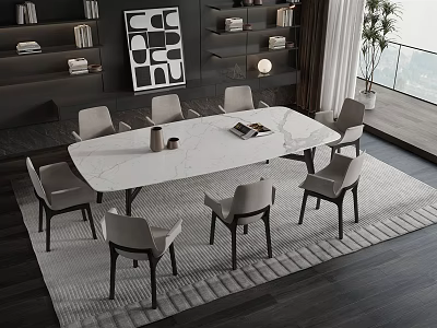 Modern Dining Table Set with 8 Chairs Rectangular White Tabletop Area Rug and Built-in Bookshelves 3d model