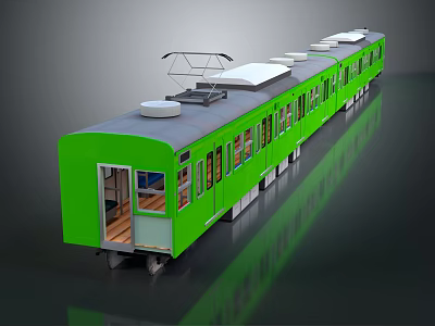 Green Train with Multiple Carriages White Roof Open Doors and Windows 3d model