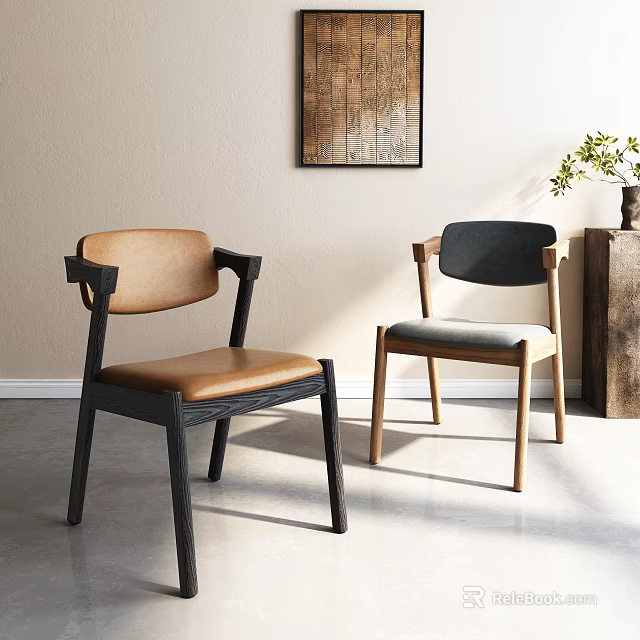 Modern Dining Chairs With Brown Leather And Gray Fabric Seats Wooden Black Frames And Armrests 3d model 