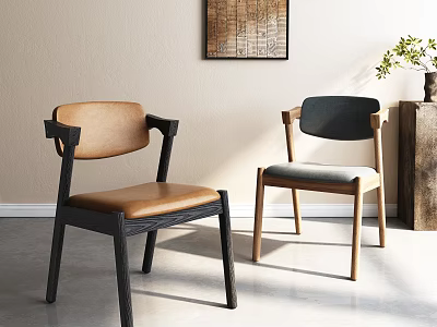 Modern Dining Chairs With Brown Leather And Gray Fabric Seats Wooden Black Frames And Armrests 3d model