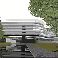 Modern School Building with White Contemporary Design Surrounded by Trees Reflection Pond and Stone Path