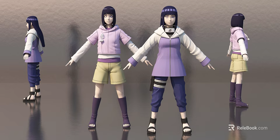 Anime Game Characters 3D Model With Purple Outfits Yellow Shorts And Blue Pants Standing Pose 3d model 