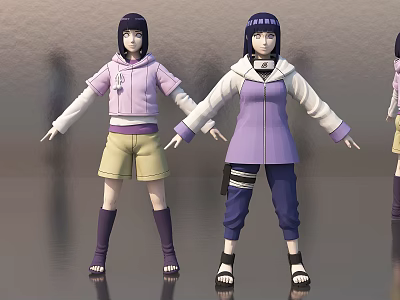 Anime Game Characters 3D Model With Purple Outfits Yellow Shorts And Blue Pants Standing Pose 3d model