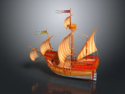 Ancient Wooden Sailing Ship As Water Transport With Multiple Sails And Decorative Flags 3d model