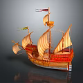 Ancient Wooden Sailing Ship As Water Transport With Multiple Sails And Decorative Flags