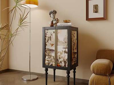 Stylish Entryway Console Cabinet With Decorative Statue Books Painted Glass Doors Near Floor Lamp 3d model