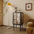Stylish Entryway Console Cabinet With Decorative Statue Books Painted Glass Doors Near Floor Lamp