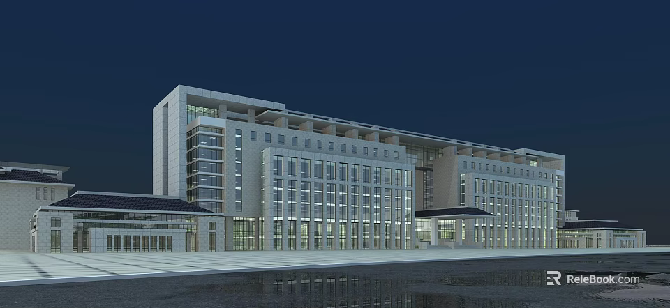 Modern Illuminated Office Building Exterior With Grand Glass Windows And Water Reflection 3d model 