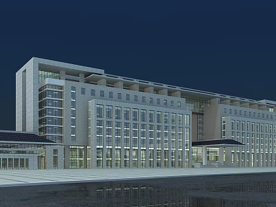 Modern Illuminated Office Building Exterior With Grand Glass Windows And Water Reflection 3d model