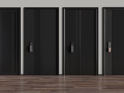 Black Modern Security Doors With Panel Patterns In Interior Wooden Floor Space 3d model