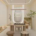 Modern Bright Beauty Hair Salon Interior With White Decor Wooden Stools And Green Plants