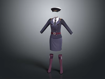 Professional Stewardess Uniform with Cap Jacket Skirt Belt and Boots 3d model