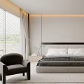 Modern Minimalist Bedroom Interior With Bed Armchair Window Herringbone Floor And Ambient Lighting