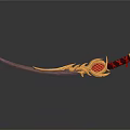 Ornate Curved Sword Featuring Golden Decorative Hilt And Red Straps Design