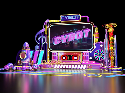 Cyberpunk Stage with Neon Lights Cassette Tape Rocket and Ferris Wheel Futuristic Design Elements 3d model