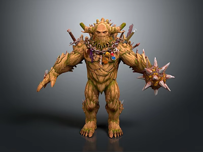 Mythical Tree Like Creature Character With Wooden Texture Horns Decorations And Spiked Weapons 3d model
