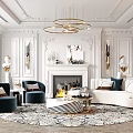 Elegant Living Room Interior With Ornate Ceiling Chandelier Fireplace And Sofa 3d model