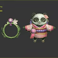 Cute Panda Game Character In Pink Purple Kimono With Flower And Green Ring