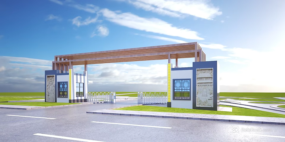 Modern Entrance Gate With Wooden Canopy White Walls Decorative Windows White Fence Blue Sky Grassland 3d model 