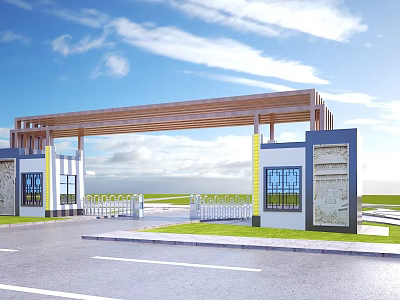 Modern Entrance Gate With Wooden Canopy White Walls Decorative Windows White Fence Blue Sky Grassland 3d model